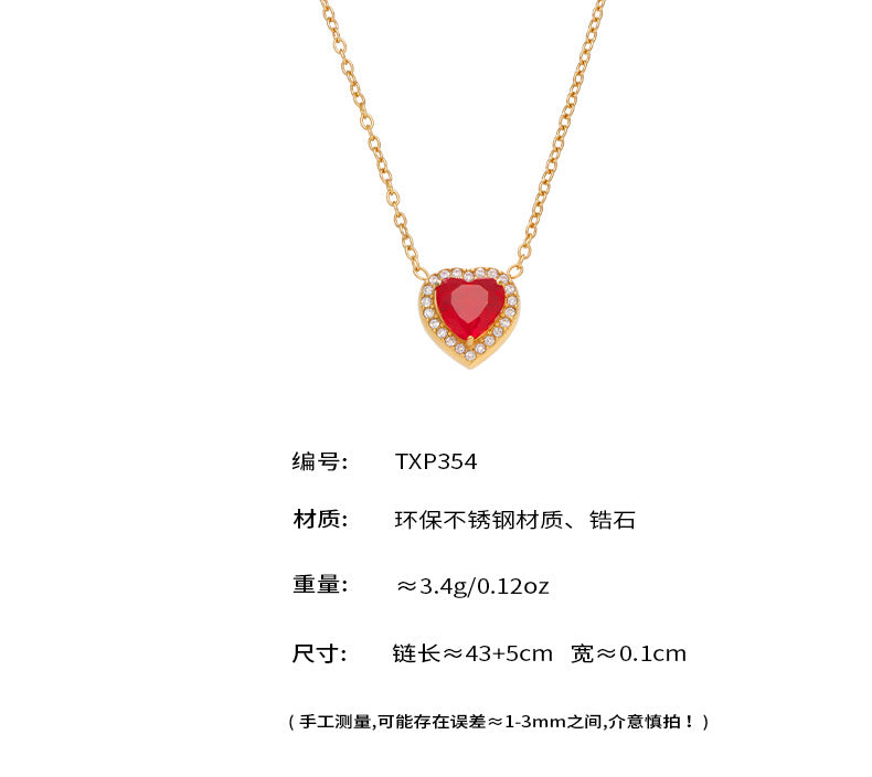 B廠【TXP354】新款紅色玻璃愛心滿鑽鎖骨項鍊耳環戒指不銹鋼材質飾品套裝 25.08-2