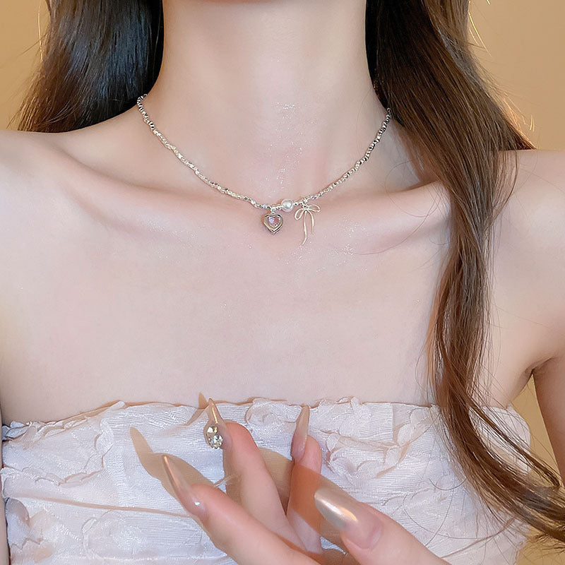 A廠【HB2340-HN6130】鋯石愛心蝴蝶結碎銀珍珠項鍊套裝高級感輕奢風鎖骨鏈韓國甜美項鍊 24.05-3