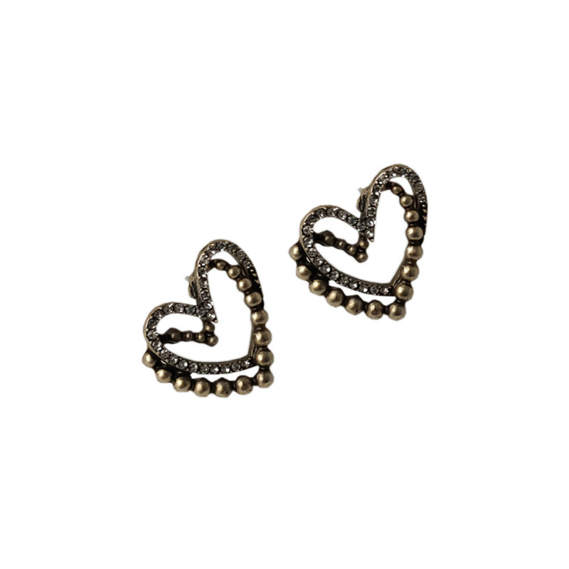 C廠【A509】做舊感~復古雙層疊加愛心925銀針古金色耳環女 心形耳飾 24.01-1