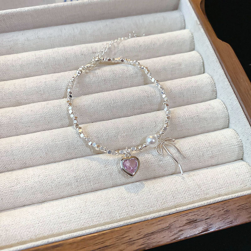 A廠【HB2340-HN6130】鋯石愛心蝴蝶結碎銀珍珠項鍊套裝高級感輕奢風鎖骨鏈韓國甜美項鍊 24.05-3