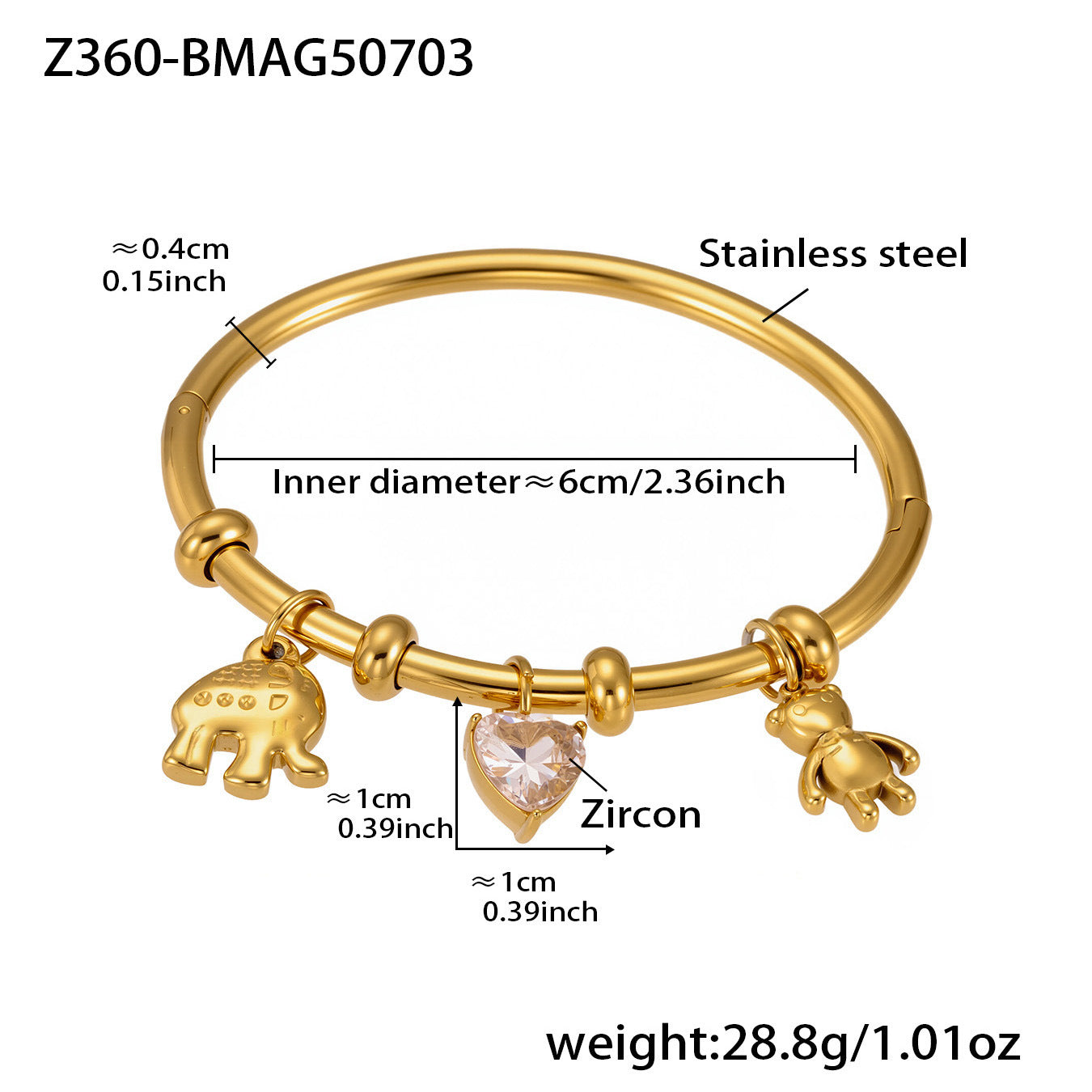 B廠【Z360】不鏽鋼愛心大鋯石小熊小象DIY配件手鐲18k鍍真金不掉色飾品 25.07-3