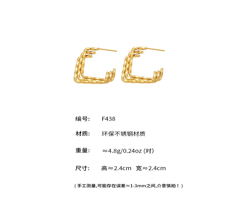 B廠【F438】不鏽鋼幾何C型三層拼色耳環時尚百搭個性氣質鍍18k真金耳飾 25.07-3