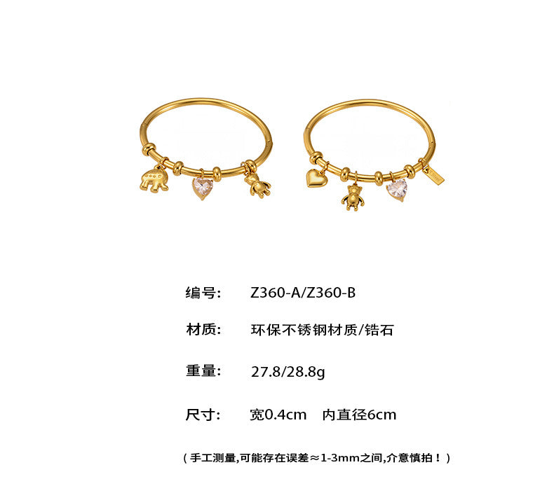 B廠【Z360】不鏽鋼愛心大鋯石小熊小象DIY配件手鐲18k鍍真金不掉色飾品 25.07-3