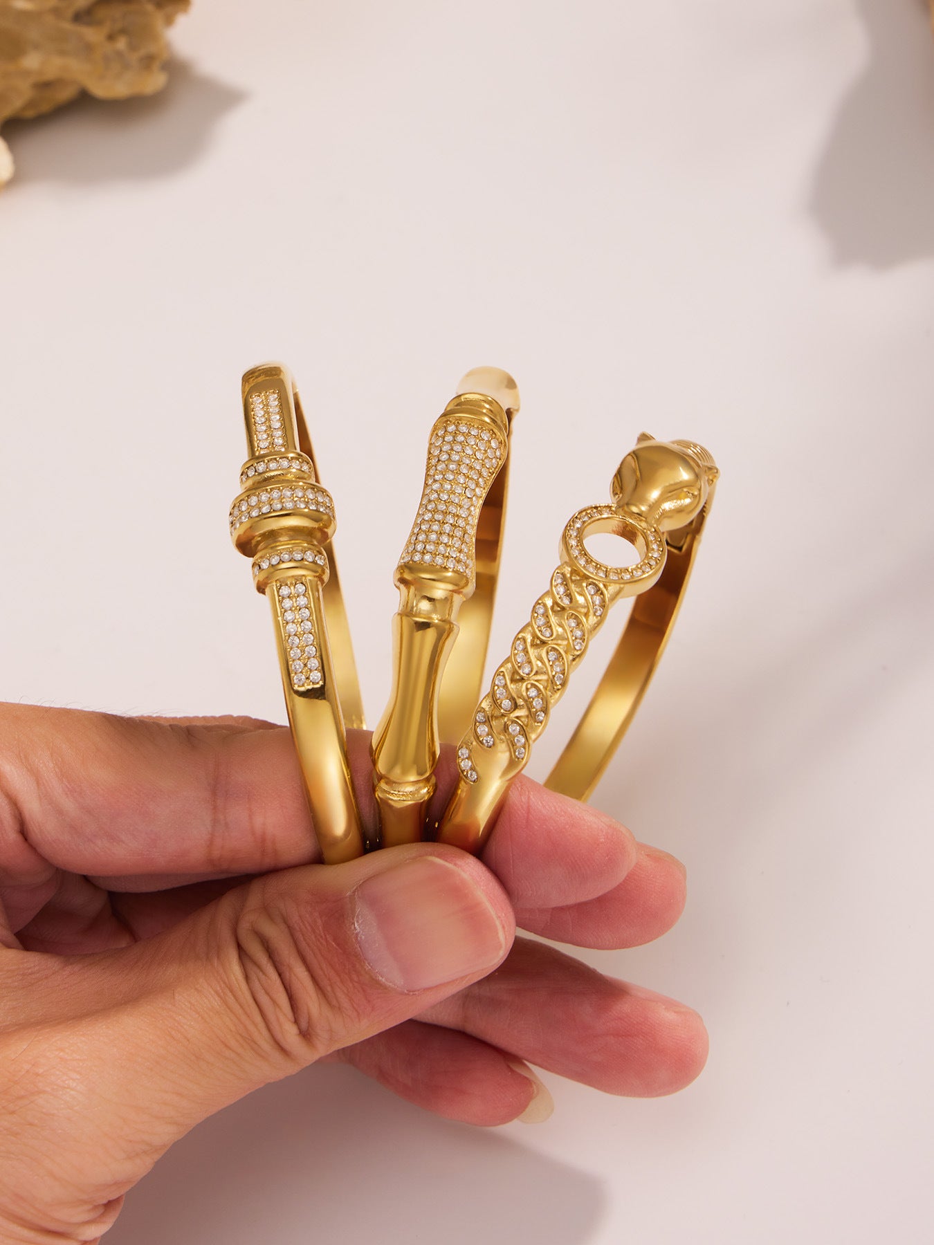 B廠【Z480】歐美新款飾品不鏽鋼竹節滿鋯石卡扣手鐲幾何交叉手鐲不掉色 25.08-3