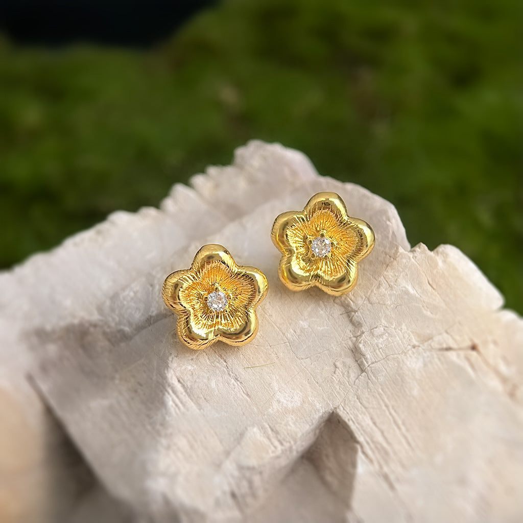 A廠【6458】文藝復古中古風簡約小巧鍍銀針鍍14K拉絲質感花朵鋯石耳環耳飾女
26.06-4