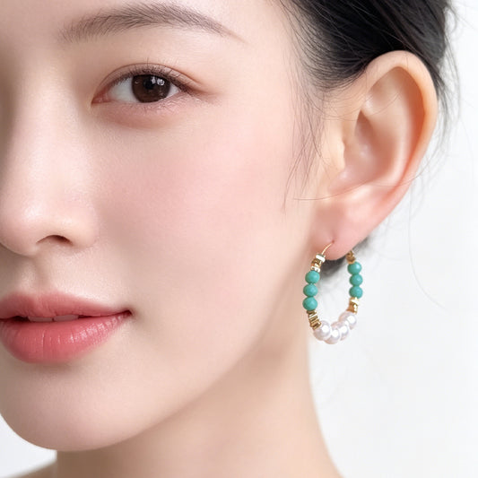 A廠【7856】度假風清新甜美圓形幾何玻璃水晶珍珠耳環女波西米亞風耳飾 26.07-3