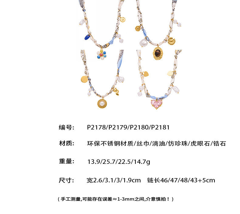 B廠【P2181】 diy絲巾項鍊 虎眼石仿珍珠頸鍊 小眾設計感打結布條飾品
25.10-2