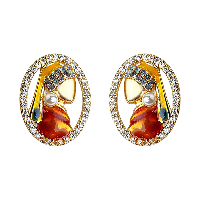 A廠【7239】原創珍珠少女925銀針微鑲鋯石手工彩繪人像幾何耳飾 新款文藝耳環
25.12-3