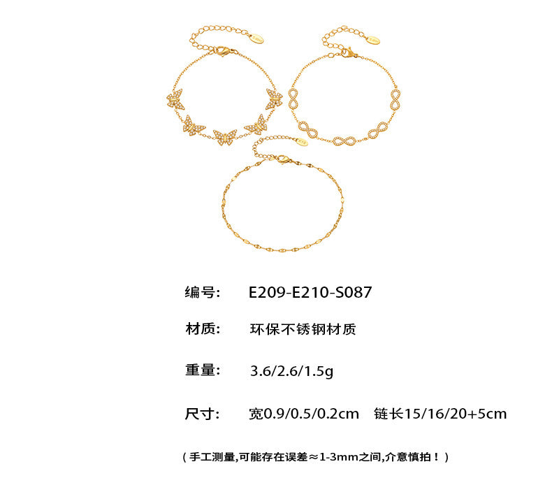 B廠【E209】INS風簡約手鍊不鏽鋼蝴蝶鑲鋯石飾品跨境新款手飾鍍18k真金 25.08-3