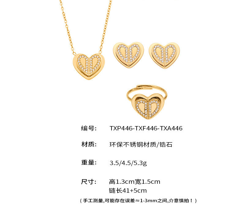 B廠【TXP446】小眾設計雙層愛心5A鑲鋯石戒指耳環項鍊不鏽鋼材質鍍18k金
 25.10-4
