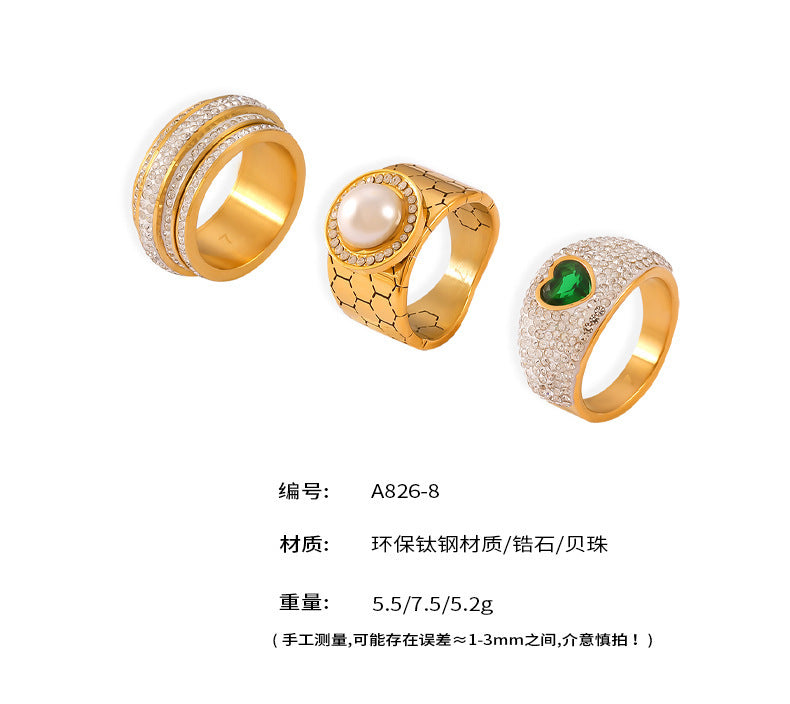 B廠【A826】中東熱銷滿鑽滿天星戒指時尚輕奢鑲嵌貝珠指環幾何鈦鋼鍍金飾品 24.05-4