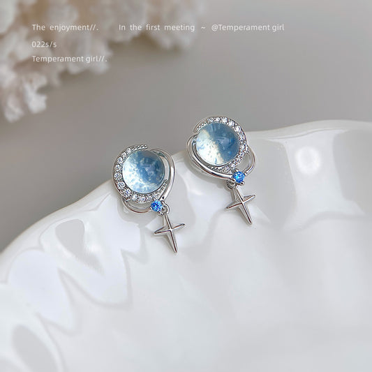 C廠【6267】清新時尚微鑲鋯石925銀針海藍寶色八芒星耳飾耳環 25.06-3