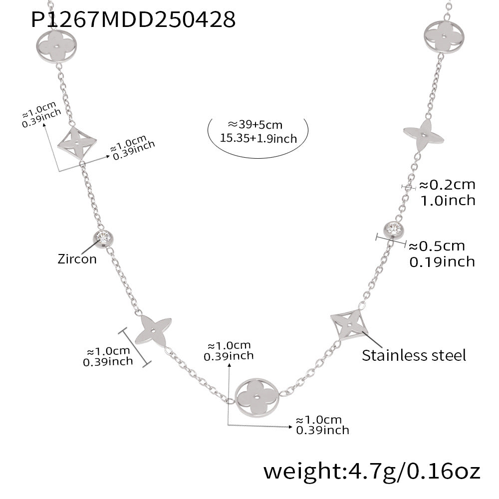 B廠【P1267】新款5A鋯石四葉花帶鑽鎖骨項鍊不鏽鋼材質鍍18k金保色飾品 25.05-2