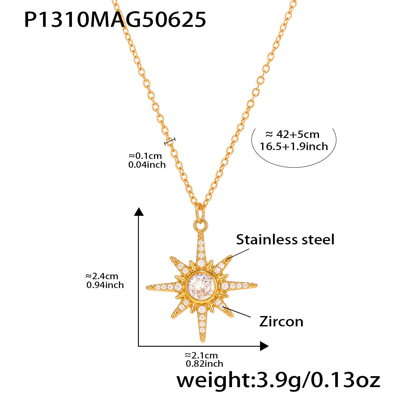 B廠【P1310】超閃5A鋯石八星芒吊墜鎖骨項鍊雙層疊戴飾品不鏽鋼18k鍍金 25.07-1