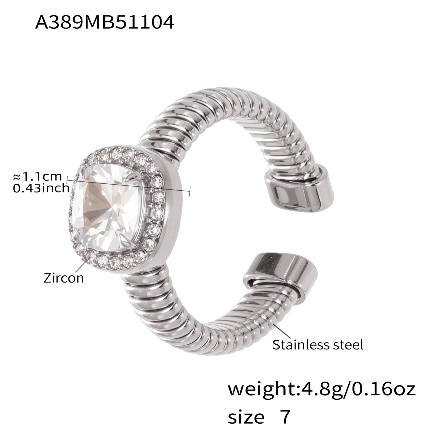 B廠【A389】米朵朵跨境熱賣新款不銹鋼方型5A鋯石開口戒指ins風簡約百搭指環
25.11-1