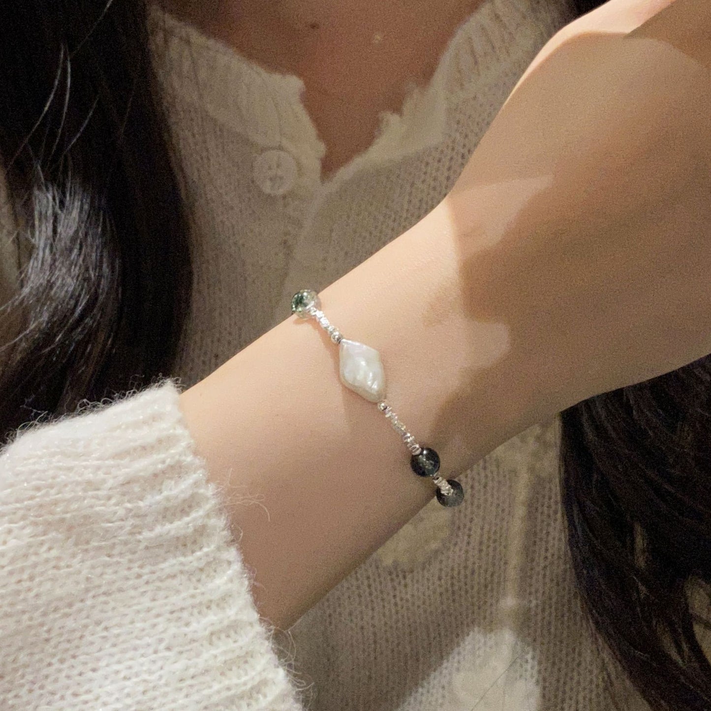 F廠【DQ0115S】天然異形珍珠綠幽靈水晶手鍊925純銀碎銀子精緻ins手飾女
 25.10-4