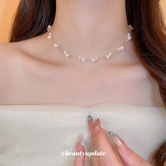 A廠【WN1095】珍珠串珠雙層項鍊時尚簡約百搭鎖骨鏈輕奢高級感頸鍊設計感小眾女 25.06-4