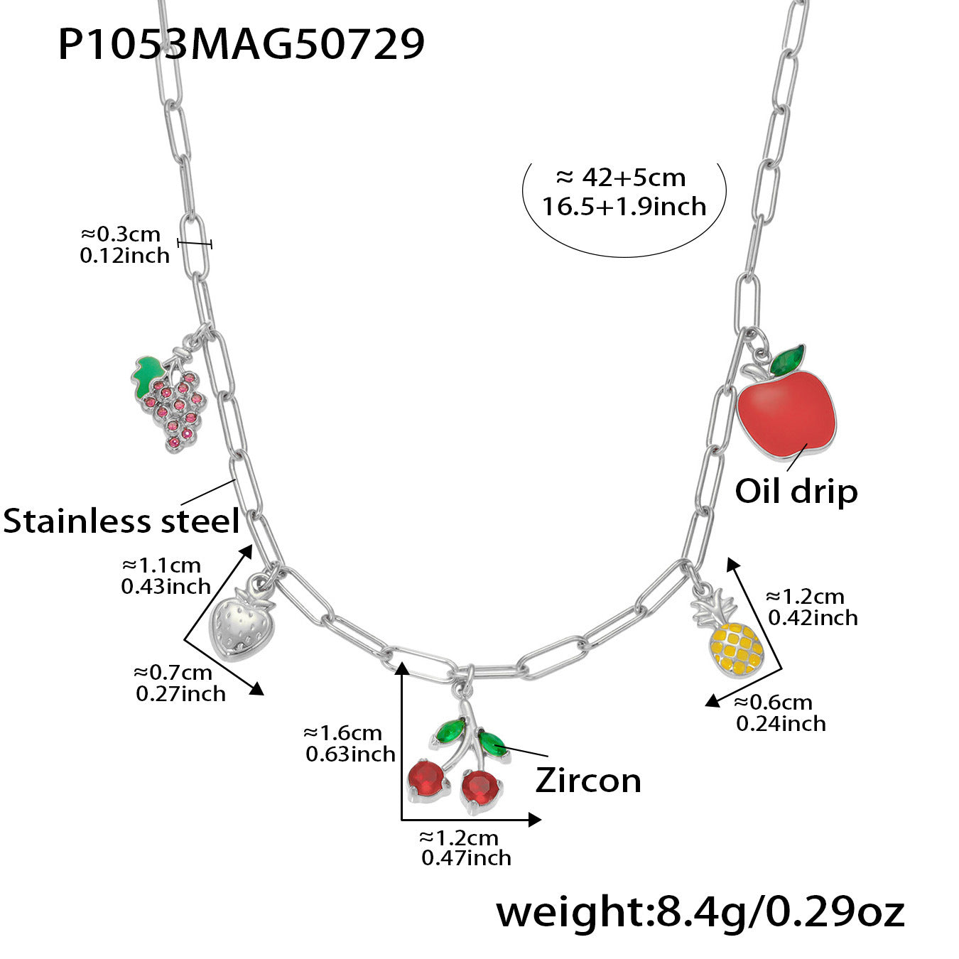 B廠【P1053】歐美時尚飾品不鏽鋼水果造型5A紅鋯石多配件鎖骨鏈滴油項鍊 25.08-2