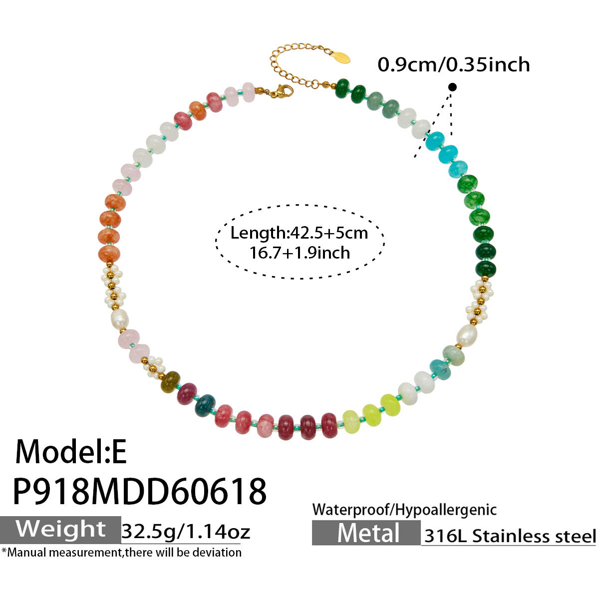 B廠【P918】多巴胺彩色天然石算盤珠淡水珍珠手工串珠項鍊不鏽鋼18k金 鎖骨鏈 26.07-1