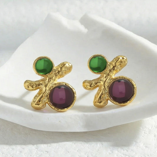 B廠【F058】ins小眾輕奢設計感紅綠寶石幾何耳環歐美跨國時尚耳環不鏽鋼鍍金
26.02-1