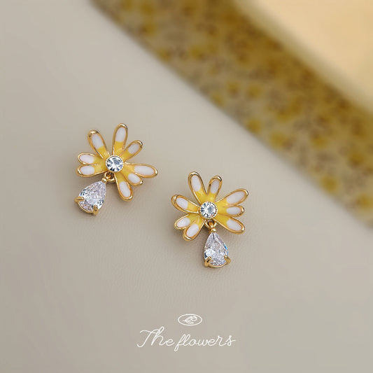 C廠【6228】夏日小清新微鑲焦石925銀針鍍14K琺瑯滴釉漸變色亮黃雛菊菊耳飾耳釘 25.06-2