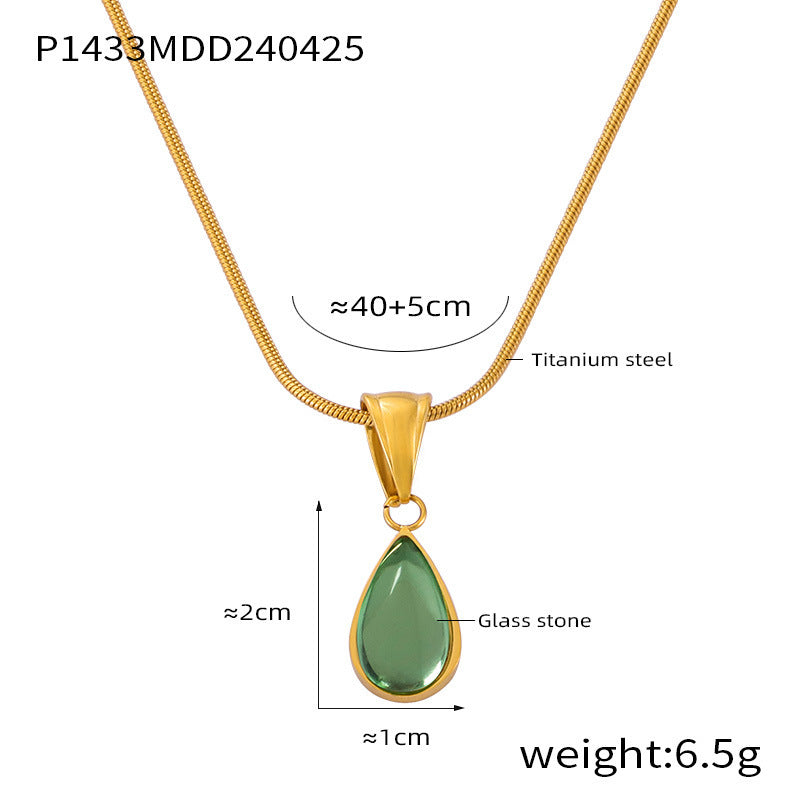 B廠【P724-P1433-P1972】法式時尚復古小眾愛心設計度假風水滴玻璃石吊墜鈦鋼鍍金項鍊飾品 24.05-1