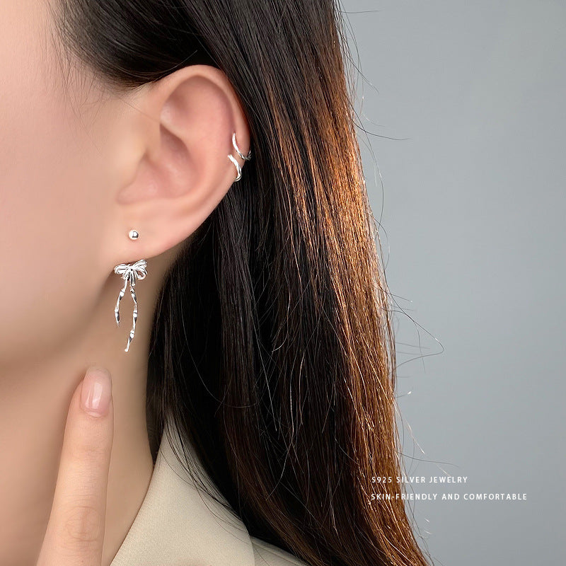 E廠【YC9844E】S925純銀甜美蝴蝶結後掛式螺絲耳環女小眾設計感通勤耳飾 24.02-3