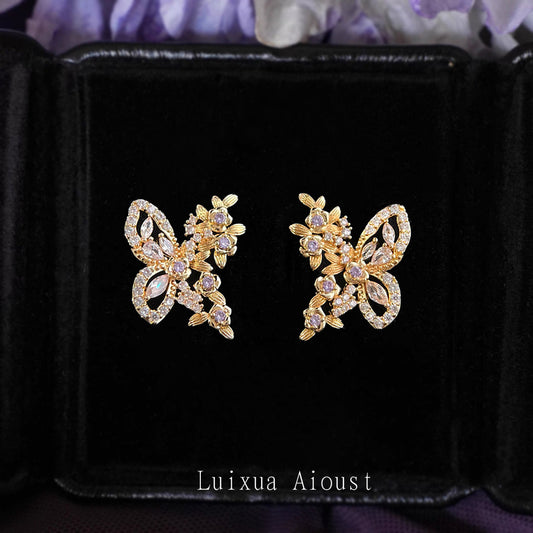 C廠【6700】【蝶花叢】原創微鑲鋯石925銀針電鍍14K清新甜美蝴蝶花叢耳飾耳環
 25.09-1