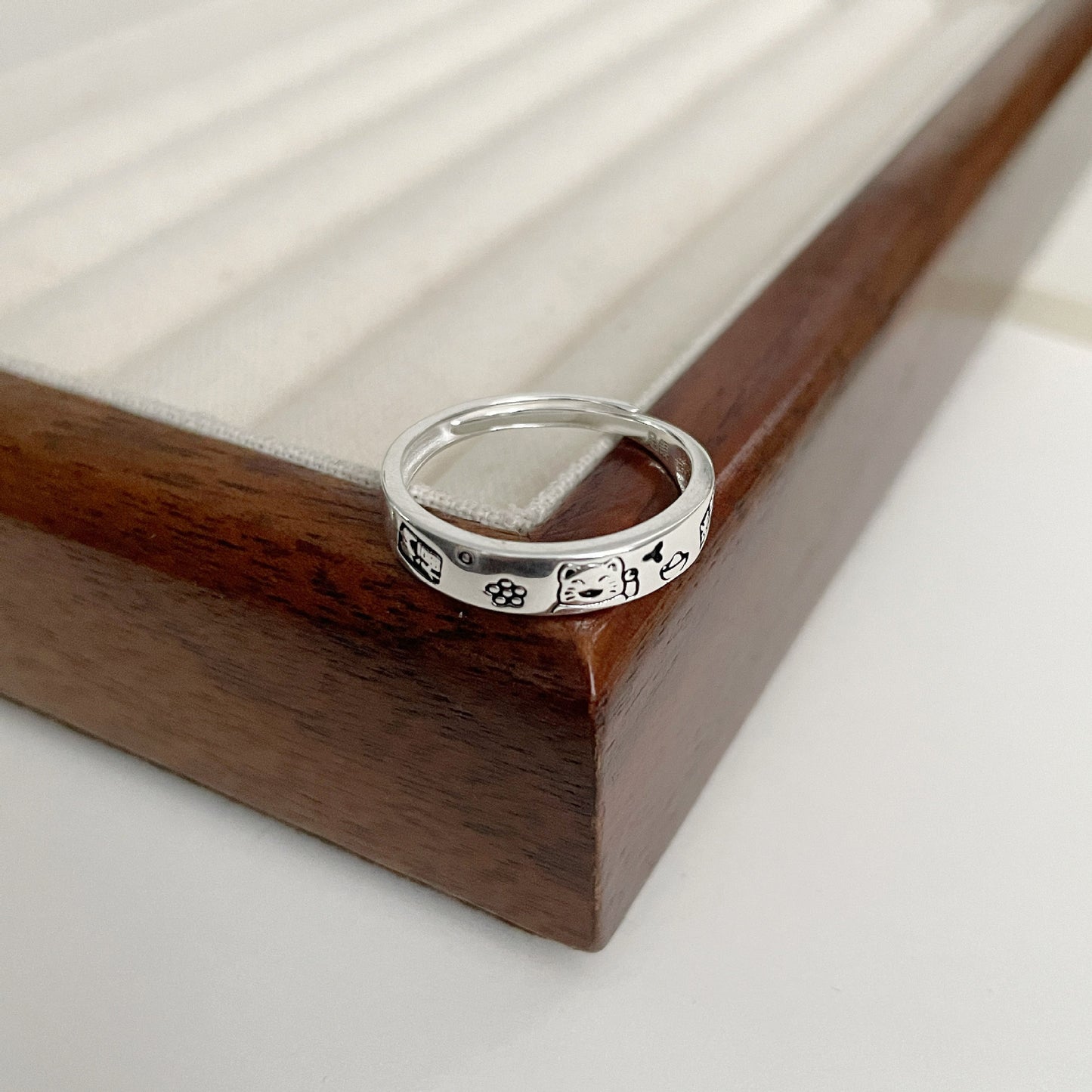 F廠【DQ8593R】999足銀新中式吉言貓咪戒指女時尚簡約納福小貓純銀推拉指環 25.04-2