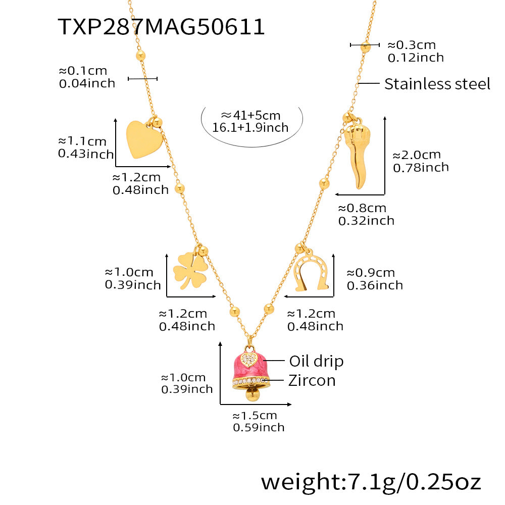 B廠【TXP287】法式浪漫彩釉小鈴鐺愛心幸運草多配件吊墜項鍊手鍊腳鍊套裝 25.06-4