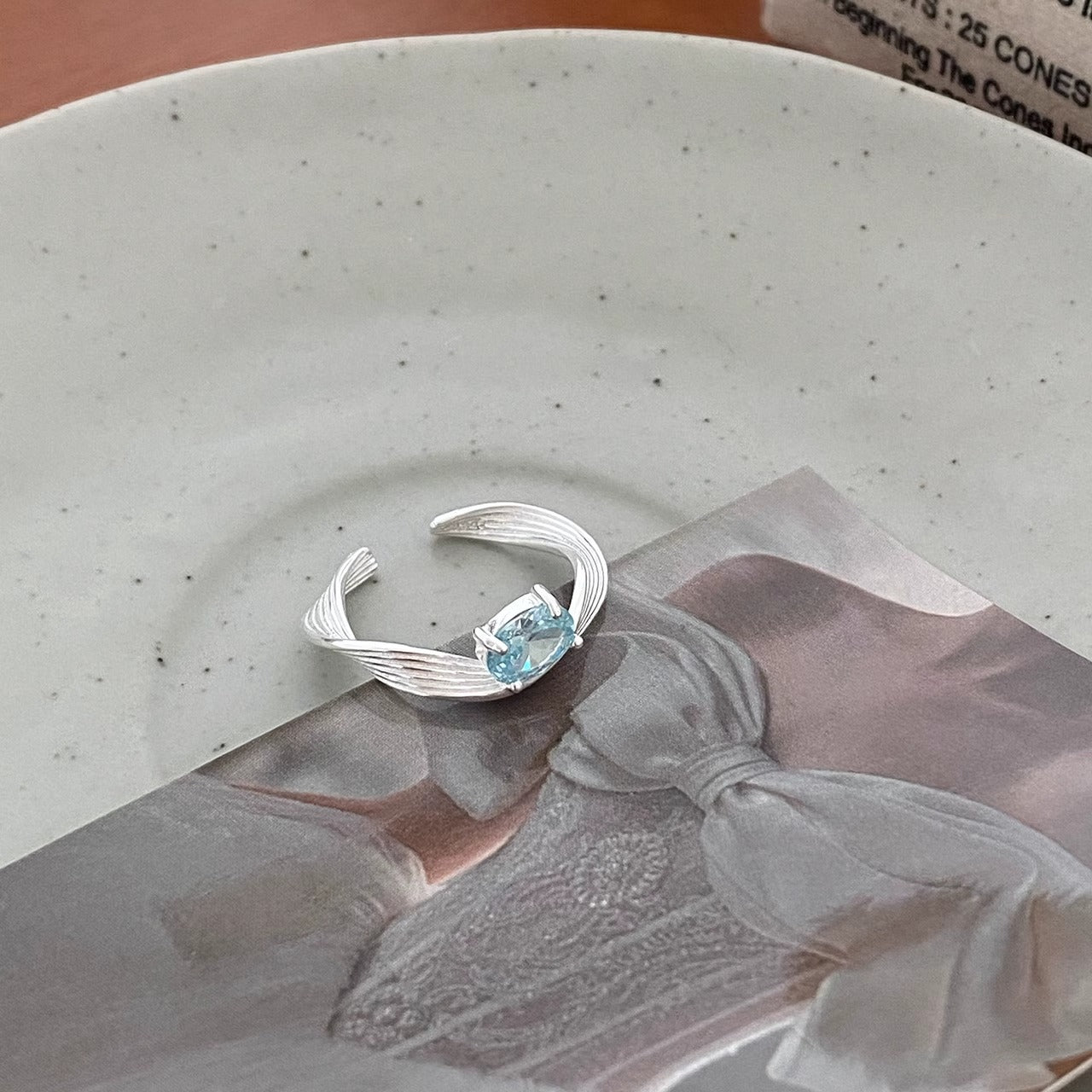 F廠【DQ8492R】S925純銀小小新鮮藍色閃鋯戒指女幾何波浪個性時髦開口食指戒 25.03-2