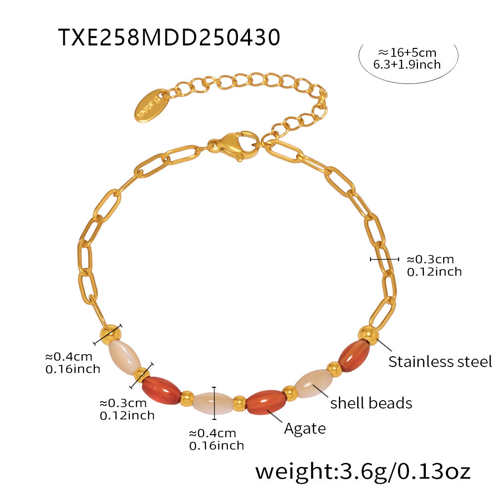 B廠【TXP258】輕奢夏日新款瑪瑙貝殼串珠手鍊項鍊不鏽鋼鏈條鍍18k金飾品 25.05-3