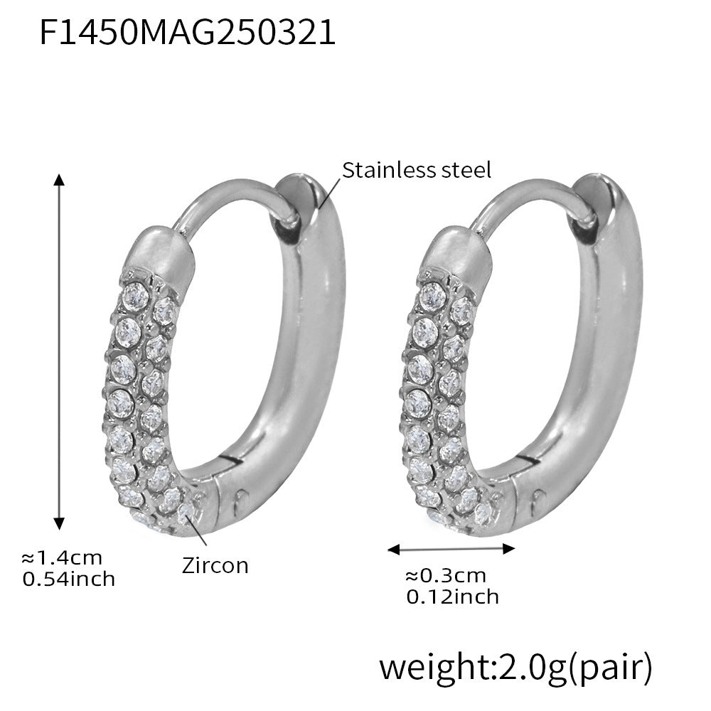 B廠【F1450】不鏽鋼14mm超閃鋯石耳圈耳扣耳環女不掉色輕奢通勤熱銷飾品 25.04-3