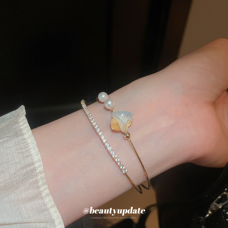 A廠【HB3664】鋯石雙層花朵珍珠開口手鐲2025小眾百搭手環輕奢高級感手飾 25.04-1