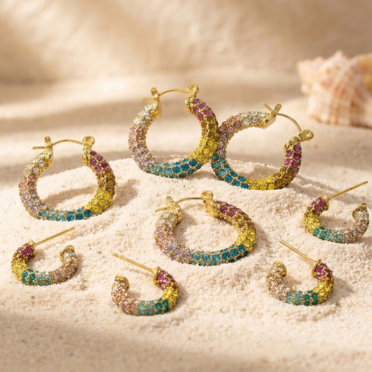 B廠【F1598】歐美INS高級感C型鑲彩鑽耳環不鏽鋼18k鍍金中古風滿鑽時尚耳環
26.03-3