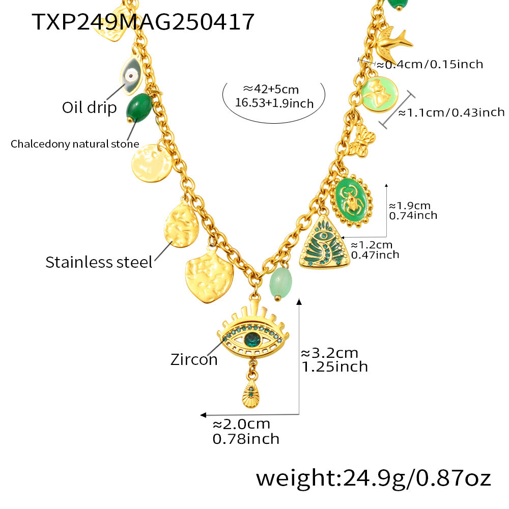 B廠【TXP249】歐美不銹鋼惡魔之眼鑲鋯石多配件天然石吊墜項鍊手鍊套裝女 25.04-4