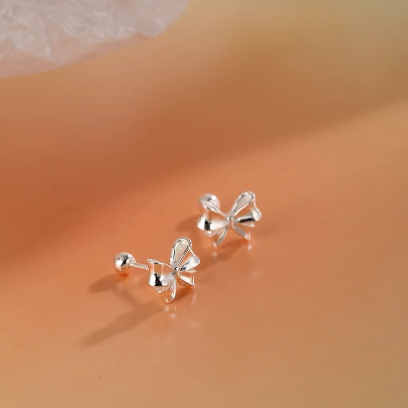 F廠【DQ10807E】999足銀簡約氣質蝴蝶結耳環女螺絲鎖扣耳骨釘養耳洞森系耳飾 25.04-4