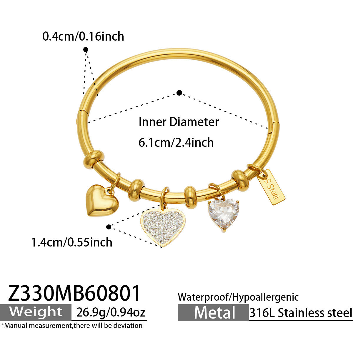 B廠【Z330】歐美幾何新款不鏽鋼鍍18k金 多愛心配件時尚百搭個性女飾品手鐲
26.08-1