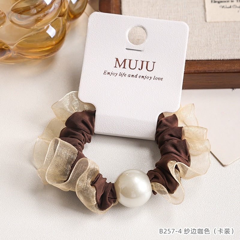 D廠【B257】【卡裝】高級感珍珠小腸髮圈氣質蕾絲蕾絲花繩條碼髮飾馬尾皮筋 25.05-3「D廠-單筆結帳需滿,NT$600出貨(不含運費)」