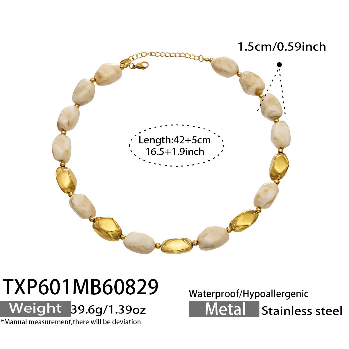 B廠【TXP601】歐美高級感小眾不鏽鋼鍍18k金樹脂橢圓串珠項鍊手鍊飾品首飾套裝
26.09-1