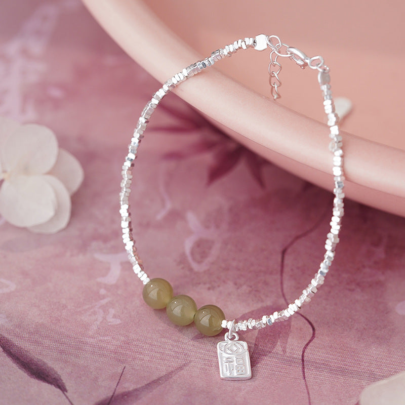 E廠【YC4965SL】S999足銀新中式和田玉碎銀子福牌手鍊女國風個性小眾氣質手飾
 25.10-4