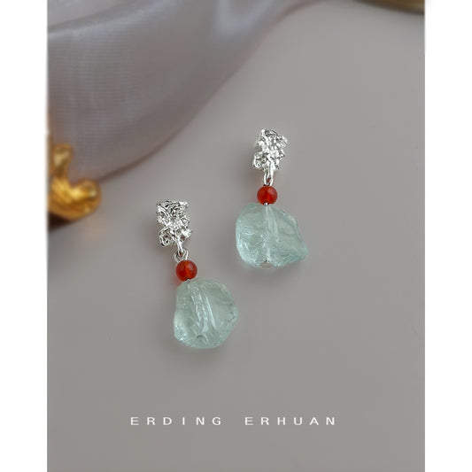 C廠【6921】清冷感水透海藍水晶天然石時尚清新甜美碎石耳環度假風新款耳環女
 25.10-3