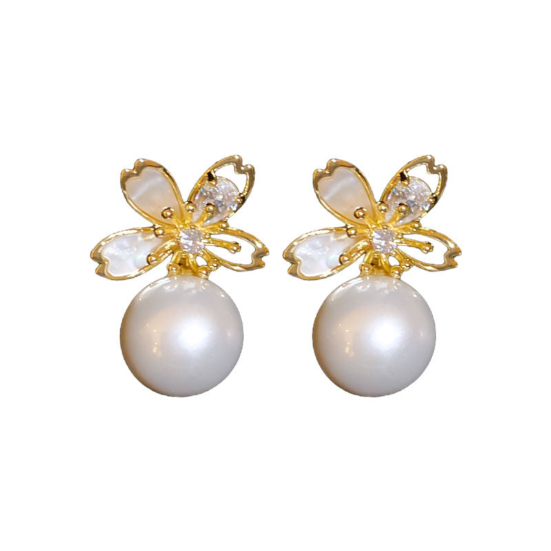 A廠【HE24948】14k真金電鍍鋯石花朵珍珠耳環復古輕奢耳環女百搭耳飾小眾高級感 25.02-3