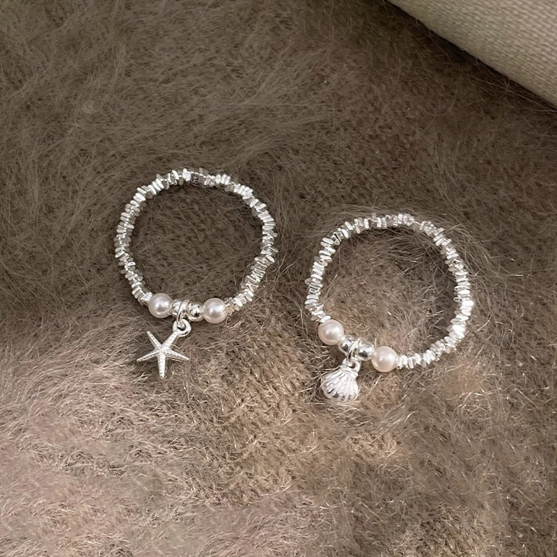 F廠【DQ8316R】ins風海星貝殼仿珍珠碎銀子戒指女S925純銀簡約手工設計指環 25.05-3