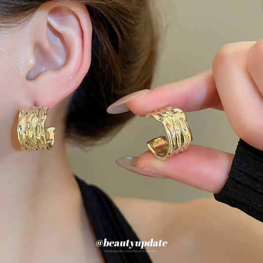 A廠【HE26209】925銀針金屬風褶皺C型耳環百搭復古耳環輕奢高級感耳飾小眾設計感女 25.05-1