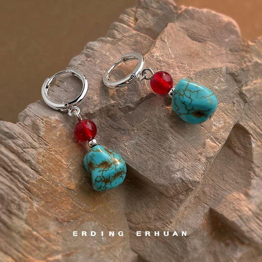 C廠【5858】文藝復古民族風合成綠松石紅瑪瑙景區度假風耳環新款手工耳飾 25.04-4