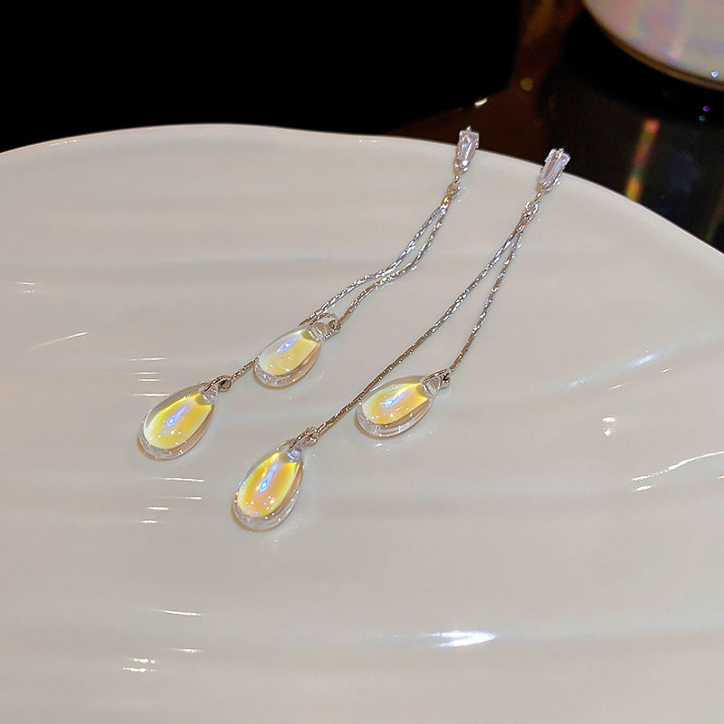 A廠【HE9649】銀針鋯石水滴流蘇耳環ins簡約小清新時尚長版耳環超仙設計感耳飾 24.02-3