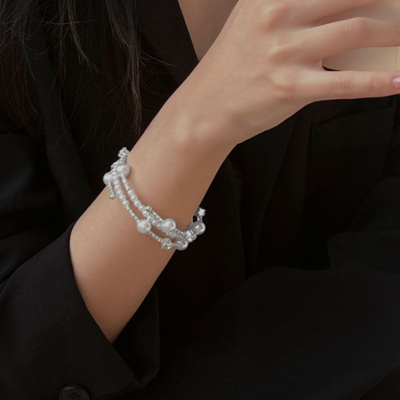 A廠【HB2307】珍珠鑲鑽多層手鐲法式簡約設計感手環輕奢冷淡風個性百搭手飾 24.05-1