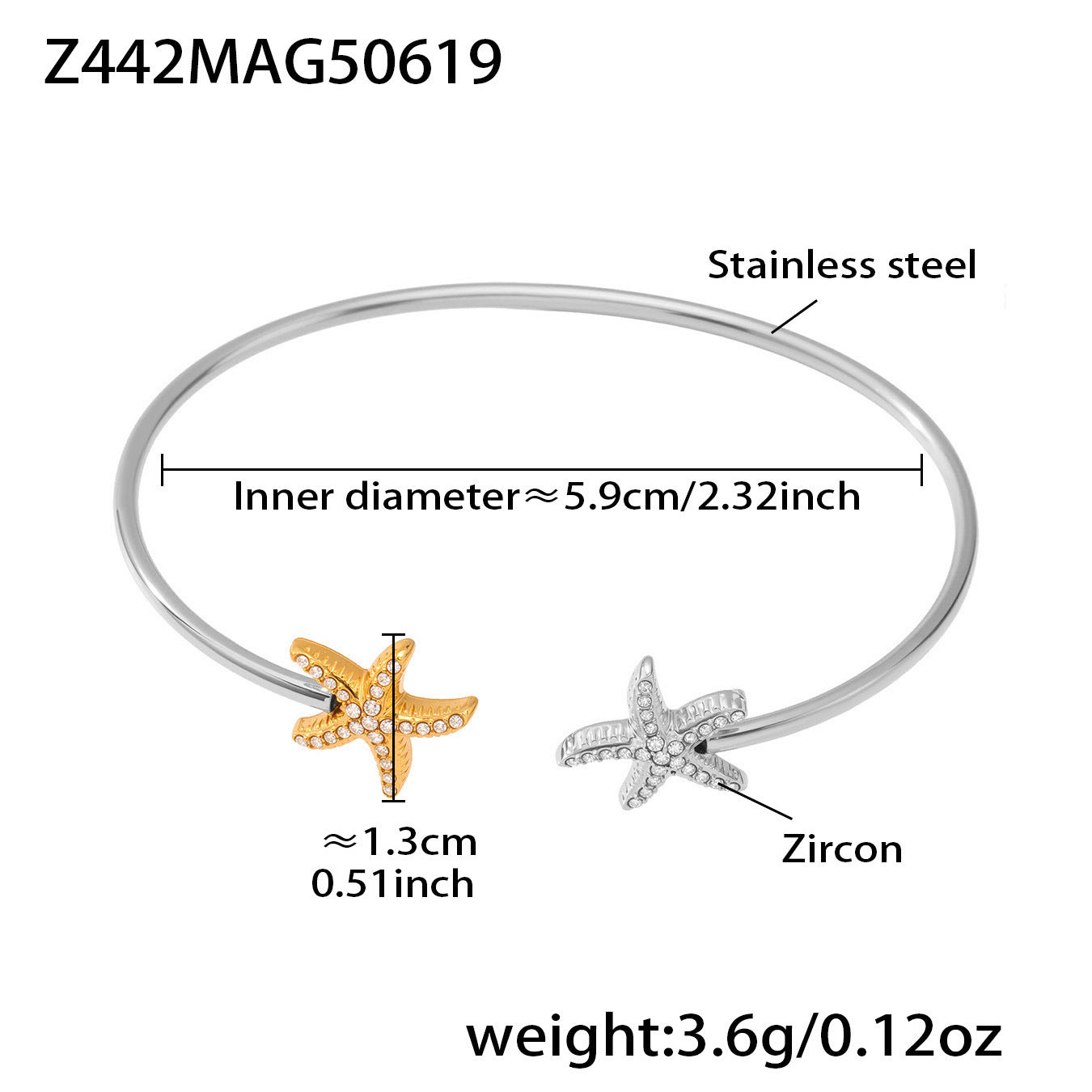 B廠【Z440】海洋沙灘風幾何海星造型鑲5A鋯石開口手鐲不鏽鋼鍍18k真金 25.06-4
