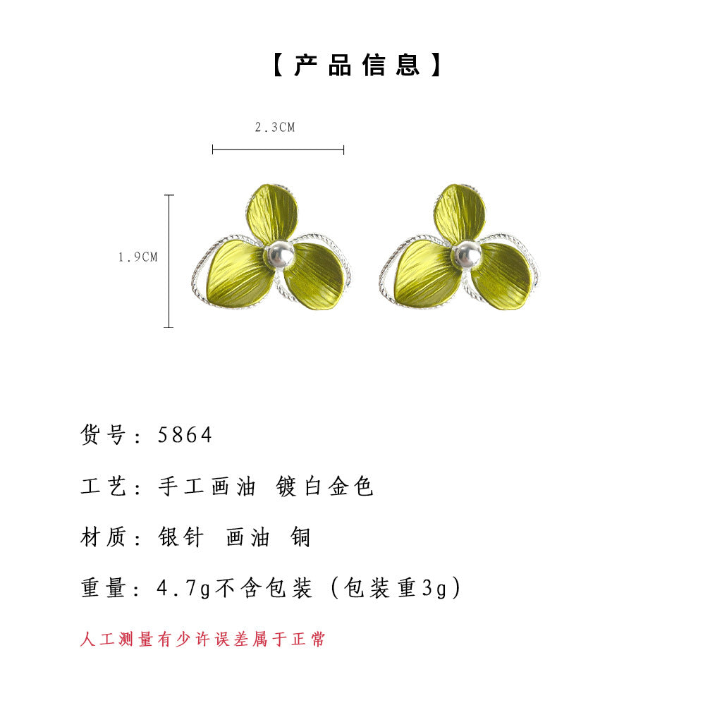 C廠【5864】森系超仙~925銀針三葉草綠色清新甜美自然花朵耳環優雅氣質耳飾女 25.04-4